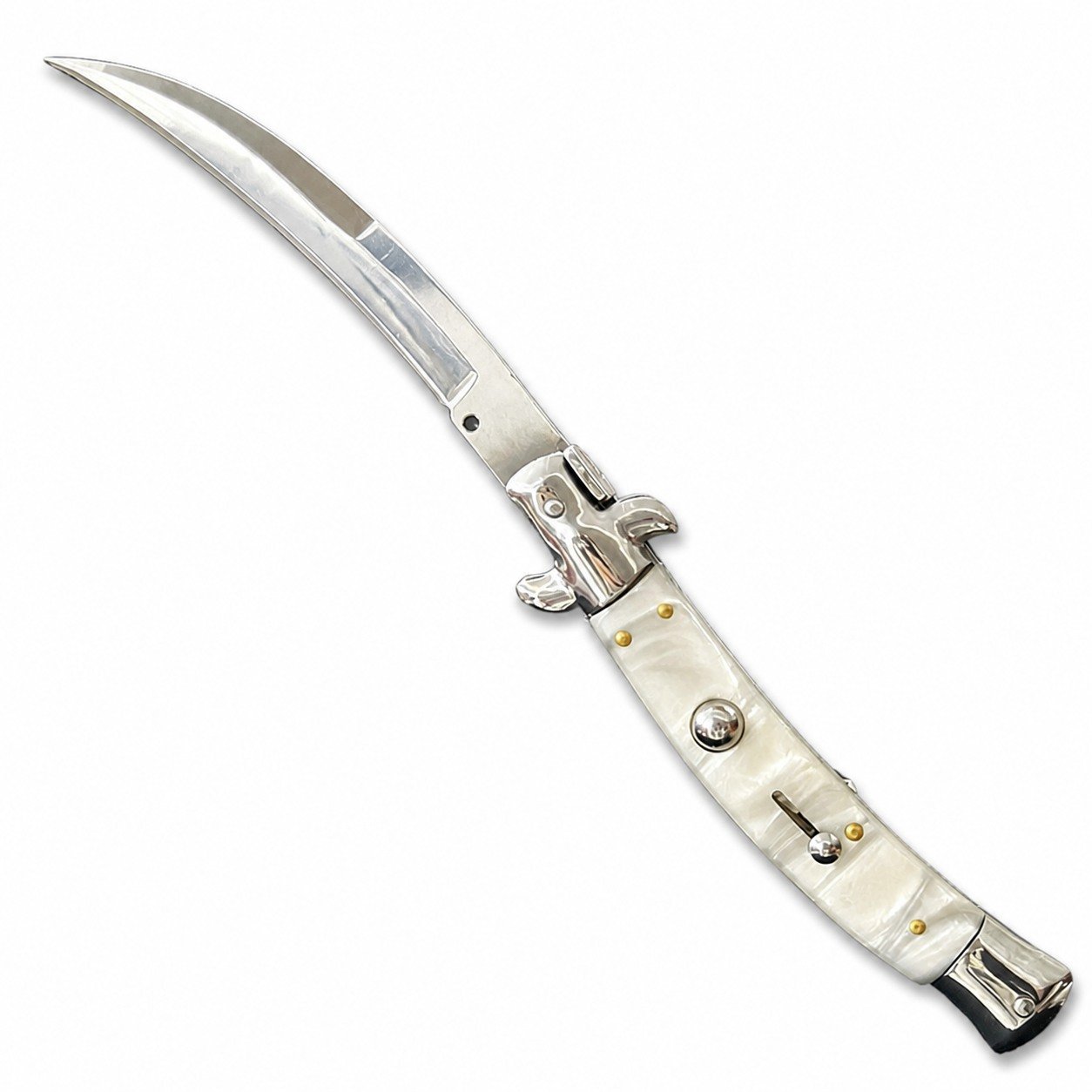 44554-main-white-clean 9-Zoll-Italienisches Stiletto-Messer – Springmesser mit weißem Schalenharzgriff