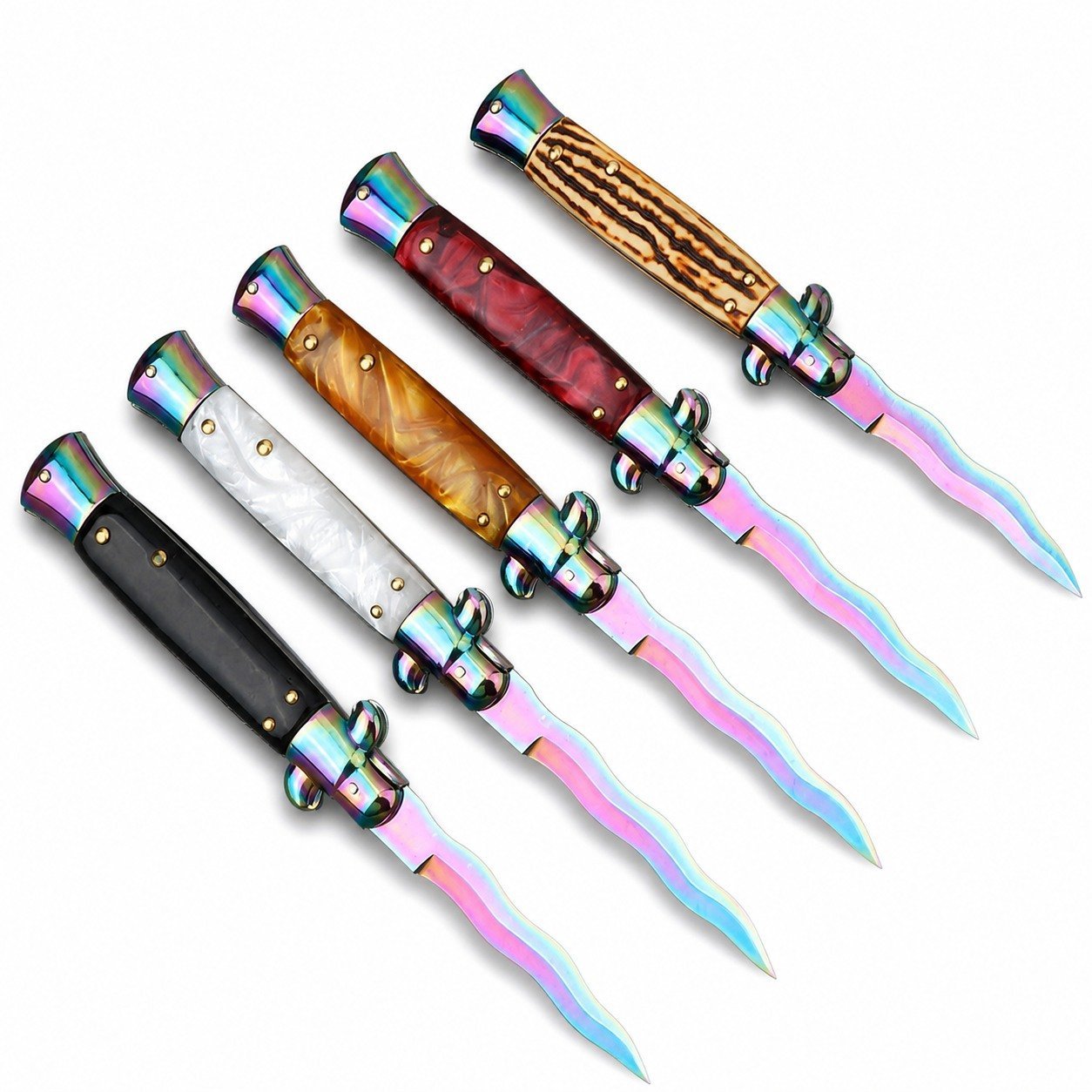 44567-main-white-clean Buntes Stiletto-Messer mit Wellenklinge – automatisches Flick-Messerset mit gemischten Griffen